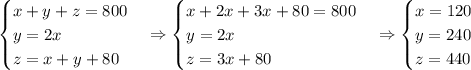 \begin{cases}x+y+z=800\\y=2x\\z=x+y+80\end{cases}\Rightarrow\begin{cases}x+2x+3x+80=800\\y=2x\\z=3x+80\end{cases}\Rightarrow\begin{cases}x=120\\y=240\\z=440\end{cases}