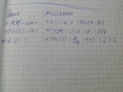 Уводi масою 250 г. розчинили натрiй хлорид масою 18 г. визначте масову частку у % натрiй хлорида в о