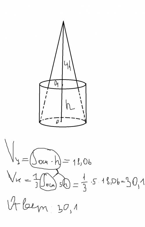 Конус и цилиндр имеют одинаковые основания. объем цилиндра равен 18,06. найдите объем конуса, если е