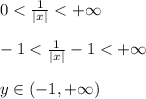 0<\frac{1}{|x|}<+\infty\\\\-1<\frac{1}{|x|}-1<+\infty\\\\y\in (-1,+\infty)