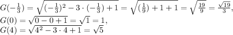 G(- \frac{1}{3})= \sqrt{(- \frac{1}{3}) ^{2} -3\cdot(- \frac{1}{3})+1 } = \sqrt{( \frac{1}{9})+1+1 } = \sqrt{ \frac{19}{9} } = \frac{ \sqrt{19} }{3} , \\ G(0)= \sqrt{0-0+1} = \sqrt{1}=1, \\ G(4)= \sqrt{4 ^{2}-3\cdot4+1 } = \sqrt{5}