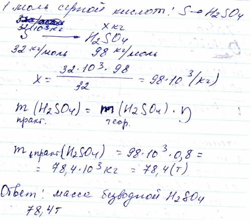 Найдите массу безводной сульфатной кислоты, практический выход которой составляет 80%, которую можно