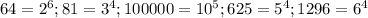 64=2^{6};81=3^{4}; 100000=10^{5}; 625=5^{4};1296=6^{4}