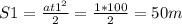 S1= \frac{at1 ^{2} }{2} = \frac{1*100}{2} =50m