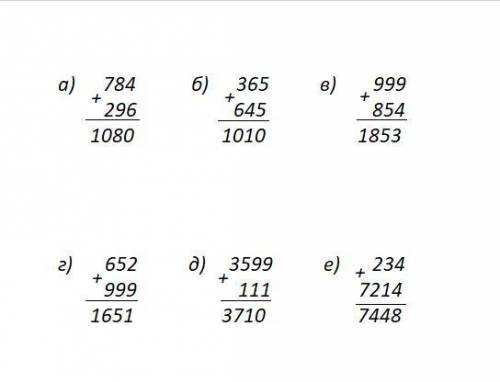 Вычислите сумму (127-129), а)784+296, б) 365+645 в) 999+854, г) 652+999, д) 3599+111, е)234+7214