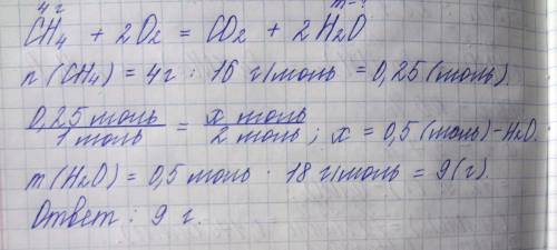 Вычислите массу образовавшейся воды, если 4 г метана сожгли в достаточном количестве кислорода.