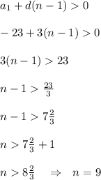 a_1 + d(n-1) 0 \\\\ -23+3(n-1)0\\\\ 3(n-1)23 \\\\ n-1\frac{23}{3} \\\\ n-1 7\frac{2}{3} \\\\ n7\frac{2}{3}+1\\\\ n8\frac{2}{3} \ \ \ \Rightarrow \ \ n=9