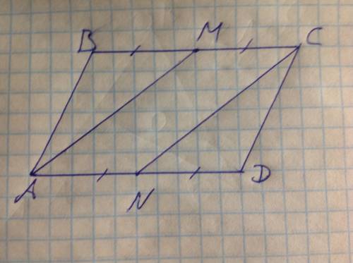 Аbcd-параллелограмм,м и n - середины сторон вс и аd. докажите,что четырехугольник амсn-параллелограм