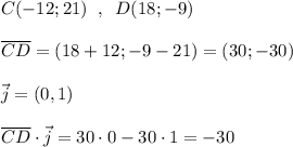 C(-12;21)\; \; ,\; \; D(18;-9)\\\\\overline {CD}=(18+12;-9-21)=(30;-30)\\\\\vec{j}=(0,1)\\\\\overline {CD}\cdot \vec{j}=30\cdot 0-30\cdot 1=-30