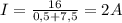 I= \frac{16}{0,5+7,5}=2A