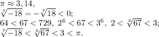 \pi\approx3,14, \\&#10;\sqrt[7]{-18}=-\sqrt[7]{18}<0; \\&#10;64<67<729, \ 2^6<67<3^6, \ 2<\sqrt[6]{67}<3; \\&#10;\sqrt[7]{-18}<\sqrt[6]{67}<3<\pi.