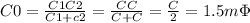 C0= \frac{C1C2}{C1+c2} = \frac{CC}{C+C} = \frac{C}{2} =1.5m\Phi