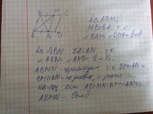 Упаралелограмі abcd бісектриси кутів а і в перетинають сторони вс і аd у точках м і n відповідно.дов