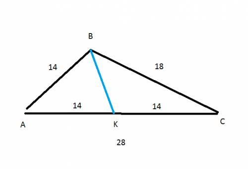 Стороны треугольника 14, 18, 28 см.найти медиану опущеную на большую сторону.