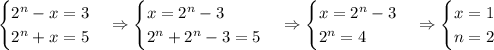 \begin{cases}2^n-x=3\\2^n+x=5\end{cases}\Rightarrow\begin{cases}x=2^n-3\\2^n+2^n-3=5\end{cases}\Rightarrow\begin{cases}x=2^n-3\\2^n=4\end{cases}\Rightarrow\begin{cases}x=1\\n=2\end{cases}