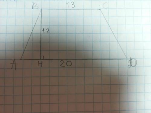 Нужен рисунок найдите площадь трапеции авсд с основаниями вс и ад если ад=20 вс=13 высота вн=12