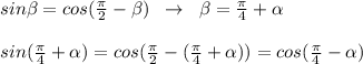 sin \beta =cos(\frac{\pi}{2}- \beta )\; \; \to \; \; \beta =\frac{\pi}{4}+ \alpha \\\\sin(\frac{\pi}{4}+ \alpha )=cos(\frac{\pi}{2}-(\frac{\pi}{4}+ \alpha ))=cos(\frac{\pi}{4}- \alpha )