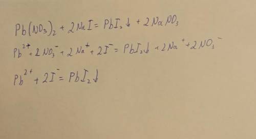 Складіть рівняння реакції у молекулярній та йонній формах, що відпові схемі: pb(n03)2+nai⇒pbi2↓+nan0
