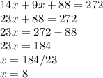 14x+9x+88=272\\23x+88=272\\23x=272-88\\23x=184\\x=184/23\\x=8