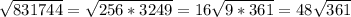 \sqrt{831744} = \sqrt{256*3249} =16 \sqrt{9*361} =48 \sqrt{361}