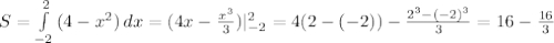 S= \int\limits^2_{-2} {(4- x^{2} )} \, dx=(4x- \frac{ x^{3} }{3})| _{-2} ^{2} =4(2-(-2))- \frac{2 ^{3}-(-2)^{3} }{3} =16- \frac{16}{3}