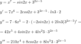 y=x^7-sin2x+3^{2x-5}\\\\y'=7x^6-2cos2x+3^{2x-5}\cdot ln3\cdot 2\\\\y''=7\cdot 6x^5-2\cdot (-2sin2x)+2ln3(3^{2x-5})'=\\\\=42x^5+4sin2x+4ln^23\cdot 3^{2x-5}\\\\y'''=210x^4+8cos2x+8ln^33\cdot 3^{2x-5}