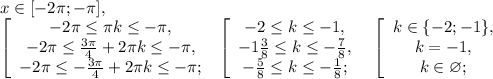 x\in[-2\pi;-\pi], \\ &#10;\left[\begin{array} \ -2\pi \leq \pi k \leq -\pi, \\-2\pi \leq \frac{3\pi}{4}+2\pi k \leq -\pi, \\-2\pi \leq -\frac{3\pi}{4}+2\pi k \leq -\pi; \end{array} \ \left[\begin{array} \ -2 \leq k \leq -1, \\ - 1\frac{3}{8} \leq k \leq - \frac{7}{8} , \\ -\frac{5}{8} \leq k \leq -\frac{1}{8}; \end{array} \ \ \left[\begin{array} \ k\in \{-2;-1\}, \\k=-1 , \\ k\in\varnothing; \end{array}