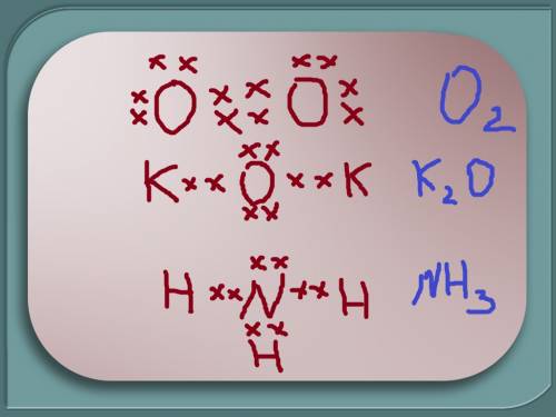 Построить схемы молекул о₂,к₂о,nh₃.