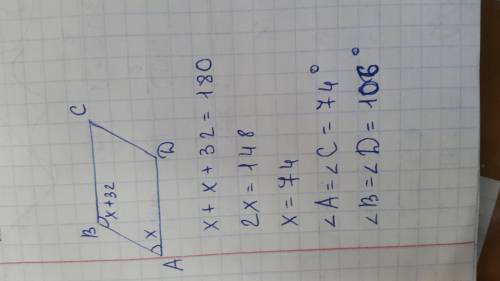 Впараллелограмме один из углов на 32 градуса больше другого. найти больший угол. если возможно то от