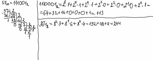 Перевести из одной системы счисления в другую числа 1) a10 = 57▼10=a2 2)a2 =1110001▼2=a10 3)a8 = 364