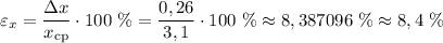 \varepsilon_{x} = \dfrac{\Delta x}{x_{\text{cp}}} \cdot 100 \ \% = \dfrac{0,26}{3,1} \cdot 100 \ \% \approx 8,387096 \ \% \approx 8,4 \ \%