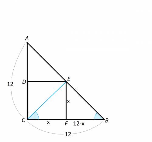 Даны равнобедренный прямоугольный треугольник авс с прямым углом с, катетом ас=12 см и квадрат cdef,