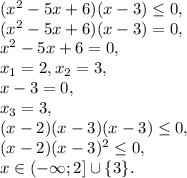 (x^2-5x+6)(x-3) \leq 0, \\&#10;(x^2-5x+6)(x-3) =0, \\&#10;x^2-5x+6=0, \\&#10;x_1=2, x_2=3, \\&#10;x-3=0, \\&#10;x_3=3, \\&#10;(x-2)(x-3)(x-3) \leq 0, \\&#10;(x-2)(x-3)^2 \leq 0, \\&#10;x\in(-\infty;2]\cup\{3\}.