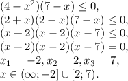 (4-x^2)(7-x) \leq 0, \\&#10;(2+x)(2-x)(7-x) \leq 0, \\&#10;(x+2)(x-2)(x-7) \leq 0, \\&#10;(x+2)(x-2)(x-7) = 0, \\&#10;x_1=-2, x_2=2, x_3=7, \\&#10;x\in(\infty;-2]\cup[2;7). \\