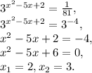 3^{ x^{2} -5x+2} = \frac{1}{81} , \\ 3^{ x^{2} -5x+2} = 3^{-4}, \\ x^{2} -5x+2=-4, \\ x^{2} -5x+6=0, \\ x_1=2, x_2=3.