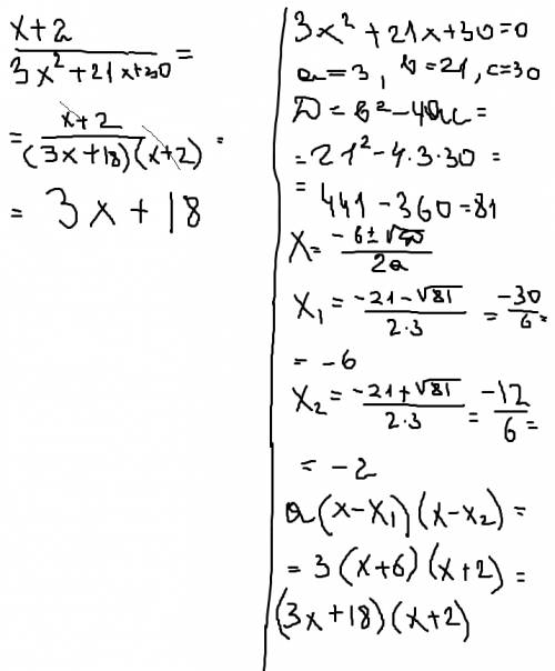 Сократи дробь.разложение квадратного трёхчлена на множители.x+2/3x^2+21x+30