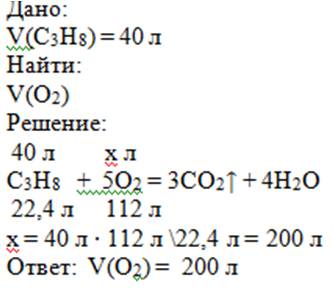 Какой объем (н.у.) кислорода (л) пойдет на сгорание 40 л пропана?