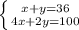 \left \{ {{x+y=36} \atop {4x+2y=100}} \right.