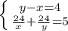 \left \{ {{y-x=4} \atop { \frac{24}{x}+\frac{24}{y} =5 }} \right.