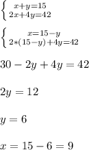 \left \{ {{x+y=15} \atop {2x+4y=42}} \right. \\ \\ \left \{ {{x=15-y} \atop {2*(15-y)+4y=42}} \right. \\ \\ 30-2y+4y=42 \\ \\ 2y=12 \\ \\ y=6 \\ \\ x=15-6=9