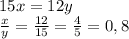 15x=12y \\ &#10; \frac{x}{y} = \frac{12}{15} = \frac{4}{5} =0,8 \\