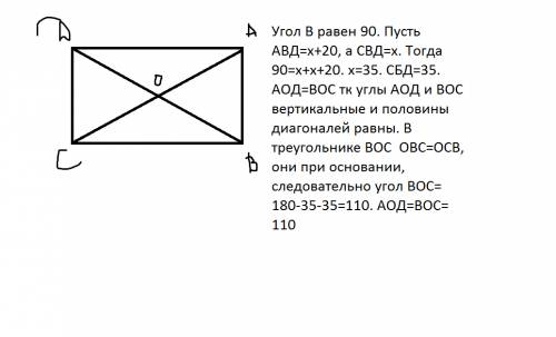 Дано авсд прямоугольник, точка о- точка пересечения его диагоналей. угол авд больше угла свд на 20 г