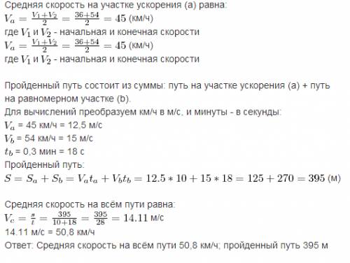 50 ! за одну в течении 10 сек. увеличил скорость с 36 до 54 км. ч. , а затем 0.3 мин. двигался равно