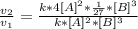 \frac{v_2}{v_1} = \frac{k*4[A]^2*\frac{1}{27}*[B]^3}{k*[A]^2*[B]^3}