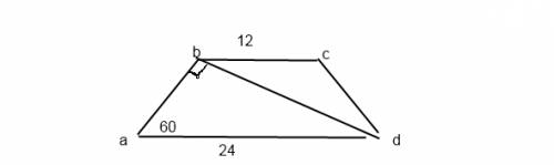Вравнобедренной трапеции авсд диагональ вд перпендикулярна боковой стороне , угол а=60,ад=24, вс=12с