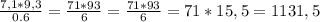 \frac{ 7,1*9,3 }{0.6}=\frac{71*93}{6}=\frac{71*93}{6}=71*15,5=1131,5