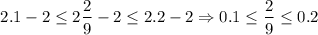 $2.1-2\leq 2\frac{2}{9} -2\leq 2.2-2 \Rightarrow 0.1\leq \frac{2}{9}\leq 0.2