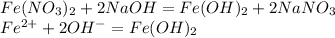 Fe(NO_3)_2 + 2NaOH = Fe(OH)_2 + 2NaNO_3 \\ Fe^{2+} + 2 OH^- = Fe(OH)_2