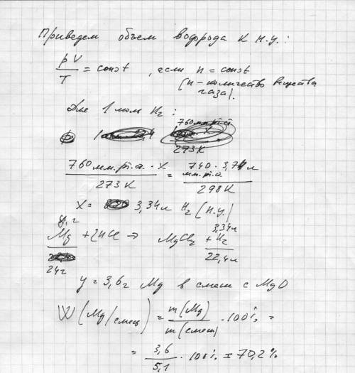 Порошок частично окисленного магния массой 5,1 г обработали соляной кислотой. при этом выделилось 3.