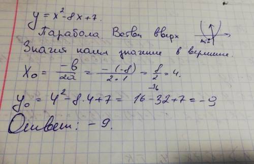 Найдите наименьшее значение функции у= х^2-8х +7